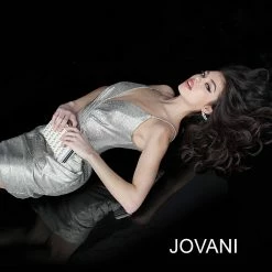 Jovani 4550 Metallic V Neck Fitted Short Cocktail Wrap Dress Ruched Gown Party Metallic Dresses