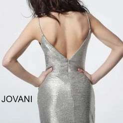 Jovani 4550 Metallic V Neck Fitted Short Cocktail Wrap Dress Ruched Gown Party Metallic Dresses