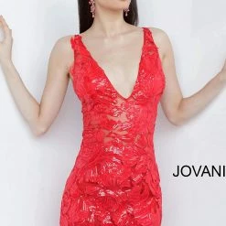 Jovani 4552 Short V Neckline Fitted Sequin Cocktail Dress Sheer Sequin Lace Backless Dresses