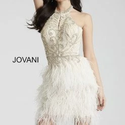 Jovani 45547 Ivory Cocktail Dress High Neck Short Feather Dress Bridal Reception Formal Beaded