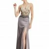 In Stock Ballgown Dresses Johnathan Kayne 456 Size 6 Sheer V Neck Formal Evening Gown Grey Satin Slit
