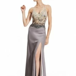 In Stock Ballgown Dresses Johnathan Kayne 456 Size 6 Sheer V Neck Formal Evening Gown Grey Satin Slit