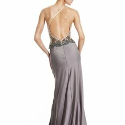 In Stock Ballgown Dresses Johnathan Kayne 456 Size 6 Sheer V Neck Formal Evening Gown Grey Satin Slit