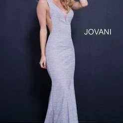 Jovani 45811 Glitter Shimmer Prom Dress Plunging Neckline Jersey Mermaid Fitted
