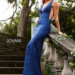 Jovani 45811 Glitter Shimmer Prom Dress Plunging Neckline Jersey Mermaid Fitted Mermaid Dresses