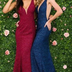 Jovani 45811 Glitter Shimmer Prom Dress Plunging Neckline Jersey Mermaid Fitted