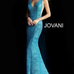 Jovani 45811 Glitter Shimmer Prom Dress Plunging Neckline Jersey Mermaid Fitted Mermaid Dresses