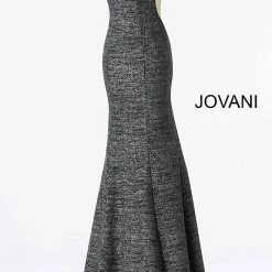 Jovani 45811 Glitter Shimmer Prom Dress Plunging Neckline Jersey Mermaid Fitted