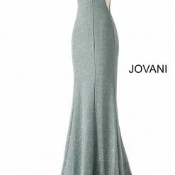 Jovani 45811 Glitter Shimmer Prom Dress Plunging Neckline Jersey Mermaid Fitted