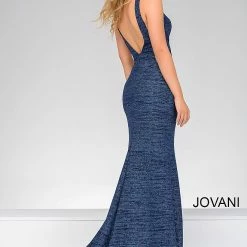 Jovani 45811 Glitter Shimmer Prom Dress Plunging Neckline Jersey Mermaid Fitted Mermaid Dresses