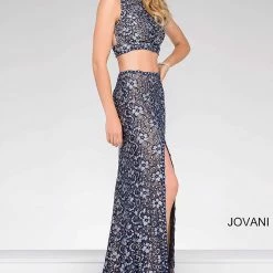In Stock Long Sleeve Dresses Jovani 46002 Size 6 Navy Long Lace Prom Dress Pageant Gown Racer Back Slit Formal