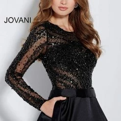 Jovani 46066 Long Sleeve Beaded Sheer Crew Neckline Evening Gown Prom Dress Ballgown Dresses