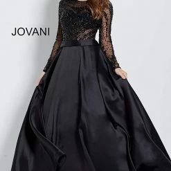 Jovani 46066 Long Sleeve Beaded Sheer Crew Neckline Evening Gown Prom Dress Ballgown Dresses