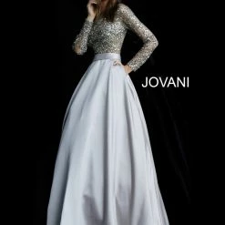 Jovani 46066 Long Sleeve Beaded Sheer Crew Neckline Evening Gown Prom Dress Ballgown Dresses