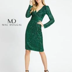 Sequin Dresses Mac Duggal 4632 Short Fitted Sheer Long Sleeve Beaded Cocktail Dress Formal