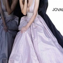 Discontinued Jovani 4683 Metallic Shimmer Long Ballgown Prom Dress V Neck Crystal Waist Belt