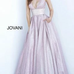 Discontinued Jovani 4683 Metallic Shimmer Long Ballgown Prom Dress V Neck Crystal Waist Belt
