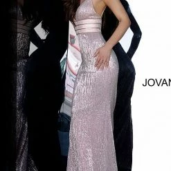 Discontinued Long Sleeve Dresses Jovani 4697 Long Stretch Sequin Prom Dress V Neck Crystal Waist Belt Evening Gown