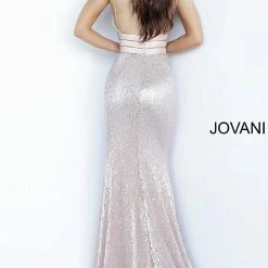 Discontinued Long Sleeve Dresses Jovani 4697 Long Stretch Sequin Prom Dress V Neck Crystal Waist Belt Evening Gown