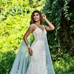 Adagio Bridal W9379 Beaded Lace Tulle Fitted V Neckline Wedding Dress Bridal Gown 9379