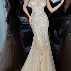 Jovani 4741 Long Fitted Pageant Prom Dress Crystal Embellished Mermaid V Neck Mermaid Dresses