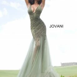 Jovani 4741 Long Fitted Pageant Prom Dress Crystal Embellished Mermaid V Neck Mermaid Dresses