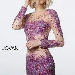 Long Sleeve Dresses Jovani 47598 Short Fitted Sheer Crystal Cocktail Dress Long Sleeve Embellished