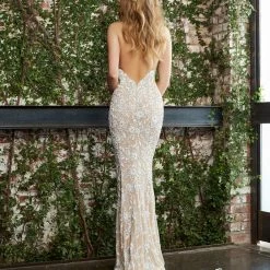 Backless Dresses Jovani Bridal S48484 Halter Backless Fitted Beaded V Neck Wedding Dress Couture