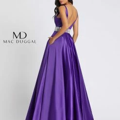 Mac Duggal 48879A Long Satin A Line Ballgown Prom Dress Pockets V Neck Gown