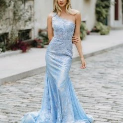 Corset Dresses Mac Duggal 48910M Metallic Lace Mermaid Prom Dress Pageant One Shoulder Corset