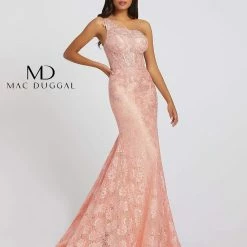 Corset Dresses Mac Duggal 48910M Metallic Lace Mermaid Prom Dress Pageant One Shoulder Corset