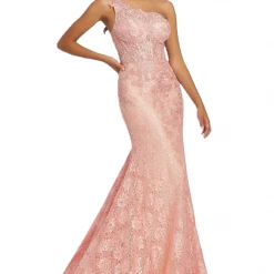 Corset Dresses Mac Duggal 48910M Metallic Lace Mermaid Prom Dress Pageant One Shoulder Corset