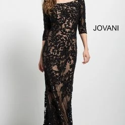 Long Sleeve Dresses Jovani 49636 Black Lace Off The Shoulder Fitted Evening Gown