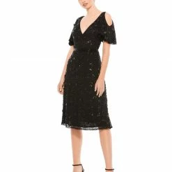 Mac Duggal 4988 Short Floral Embellished Cold Shoulder Cocktail Dress Formal