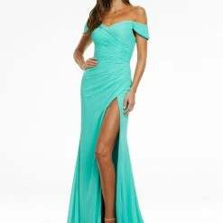 Ashleylauren Ashley Lauren 11136 Off The Shoulder Chiffon Evening Gown Ruching Slit