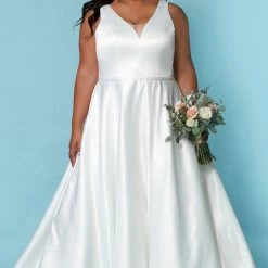 Corset Dresses Sydney's Closet SC5272 Macie Wedding Dress Satin V Neckline Lace Chapel Length Train SC 5272