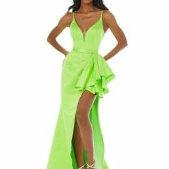 Ashleylauren Ashley Lauren 1581 V Neckline Ruffle Waist Satin Prom Dress