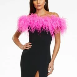 In Stock Ashley Lauren 11099 Size 4 Hot Pink Prom Dress Off The Shoulder Feathers Train Left Leg Slit
