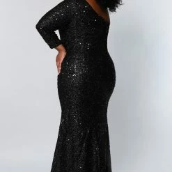 In Stock Sydney's Closet SC7319 Size 28 One Long Sleeve Prom Dress Fitted Plus Sized With Slit SC 7319 Long Sleeve Dresses