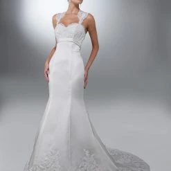 In Stock Davinci Wedding Dress 50083 Size 4 White Satin Fit And Flare Long Dress Lace Bodice And Straps Mermaid Dresses