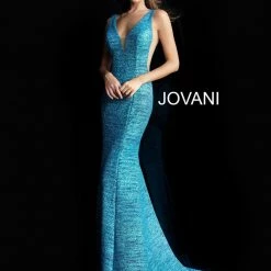Jovani 45811 Glitter Shimmer Prom Dress Plunging Neckline Jersey Mermaid Fitted