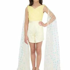 In Stock Marc Defang 5011 Size 6 Girls Romper Pockets V Neck Sequin Cape Sleeves Fun Fashion Kids Jumpsuits & Rompers