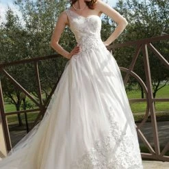 In Stock Davinci Bridal 50153 Size 12 A Line Tulle Ballgown Wedding Dress Lace One Shoulder Train Ballgown Dresses