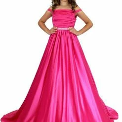 In Stock Ballgown Dresses Marc Defang 5017 Size 14 Hot Pink Satin A Line Girls Pageant Dress Off The Shoulder Gown