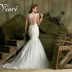 In Stock Davinci Bridal 50330 Lace Mermaid Wedding Dress Bridal Gown Sheer Back Mermaid Dresses