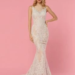 Mermaid Dresses Davinci Bridal 50439 Long Lace Mermaid Wedding Dress Sheer High Neckline