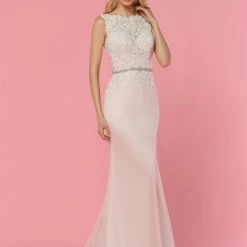 Davinci Bridal 50441 Fit & Flare Sheer Lace Illusion Wedding Dress High Neck Crystal Belt