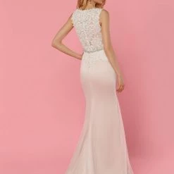 Davinci Bridal 50441 Fit & Flare Sheer Lace Illusion Wedding Dress High Neck Crystal Belt