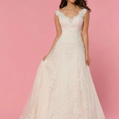 Davinci Bridal 50444 Long Sheer A Line Lace Wedding Dress Ballgown