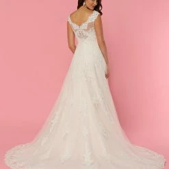 Davinci Bridal 50444 Long Sheer A Line Lace Wedding Dress Ballgown